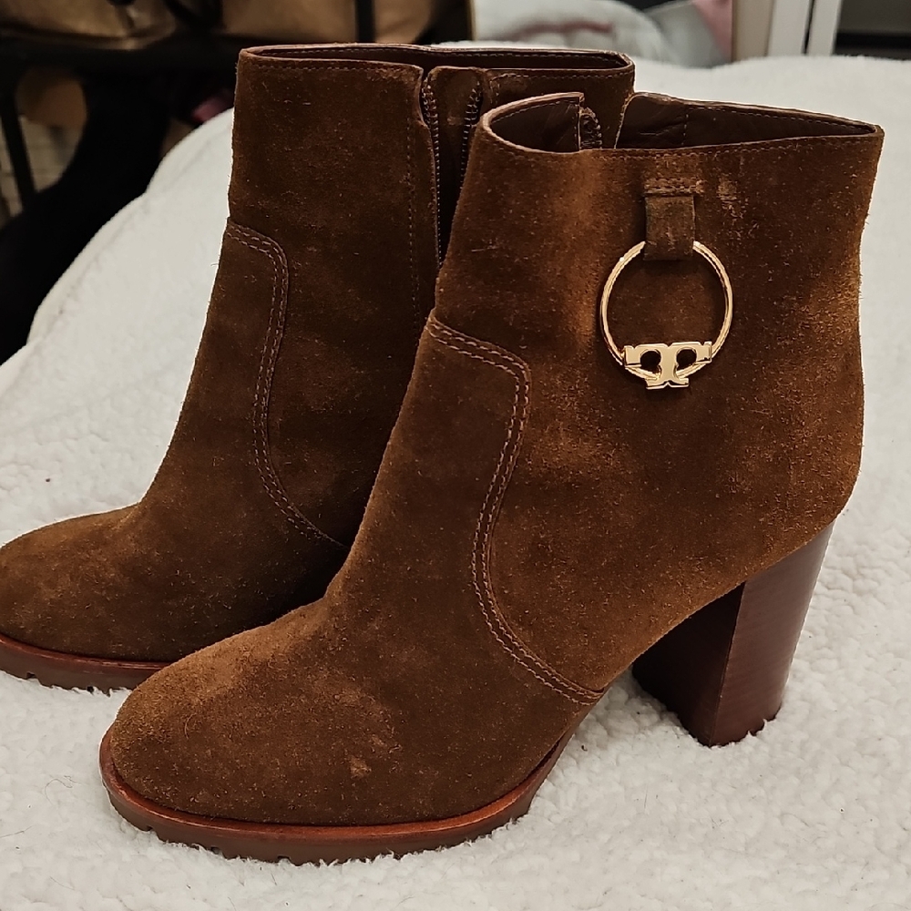 Tory Burch Brown Suede Ankle Booties with Gold Ring Detail